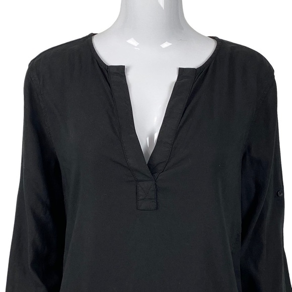 Cloth & Stone black tencel long sleeve v-neck dress with roll tab sleeves Small - Picture 2 of 8